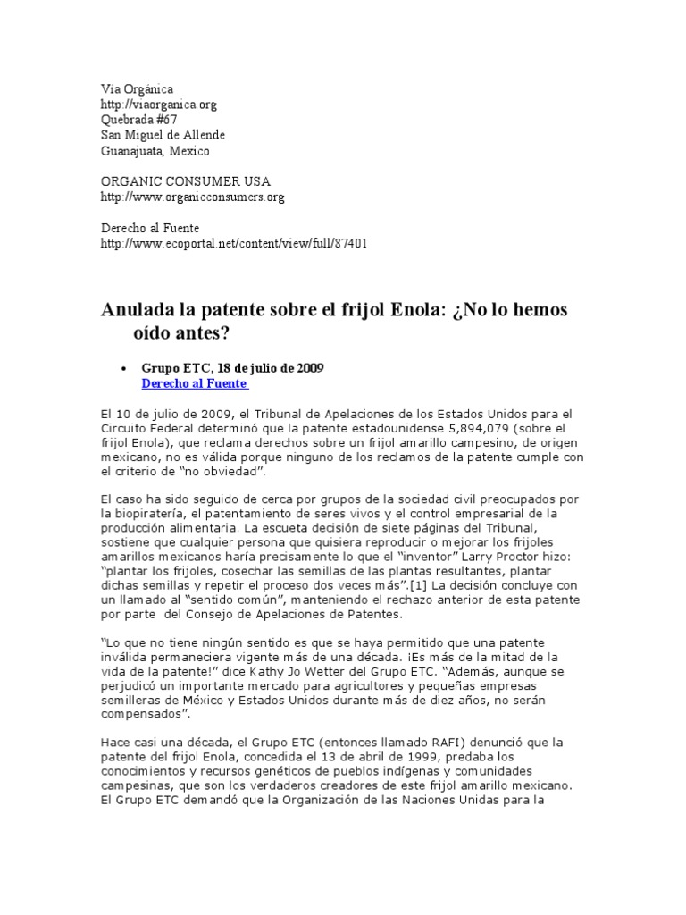 Anulación de la patente del frijol Enola | PDF | Patentar | Agricultura