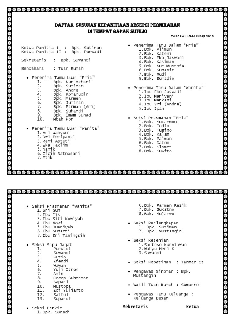 Daftar Susunan Kepanitiaan Resepsi Pernikahan