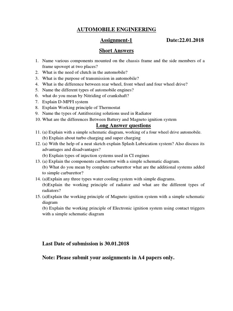 Automobile Assignment Questions PDF