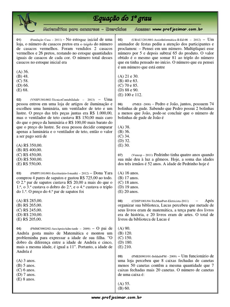 Lista De Exercícios Equação Do 1 Grau Com Gabarito