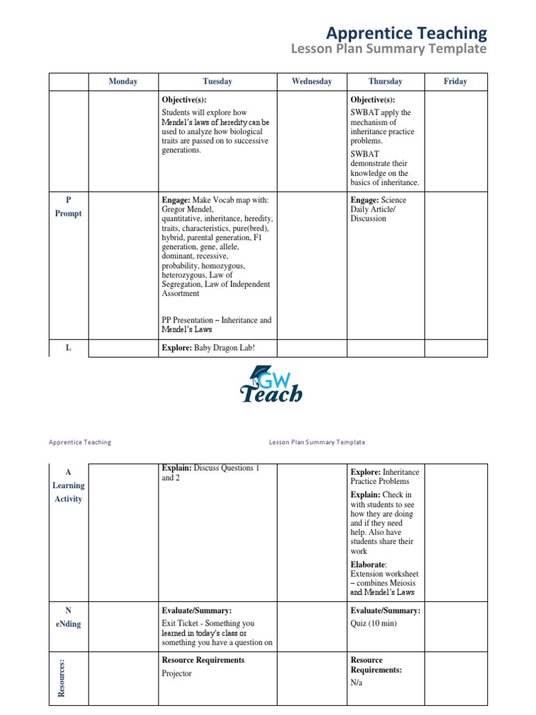 Mendel's Laws Lesson Plan Template | PDF | Heredity | Genetics
