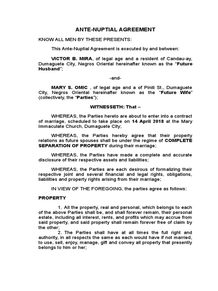 Ante Nuptial Agreement Sample PDF Indemnity Marriage