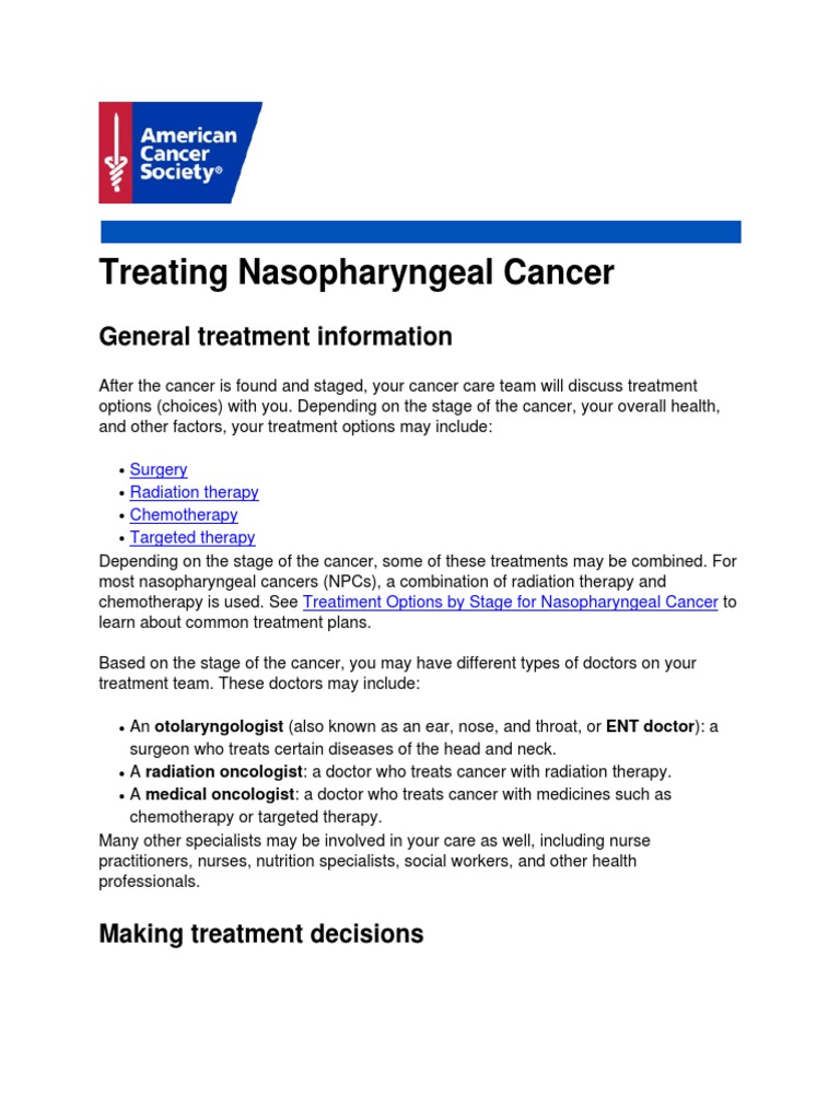 Treating Nasopharyngeal Cancer: General Treatment Information | PDF ...
