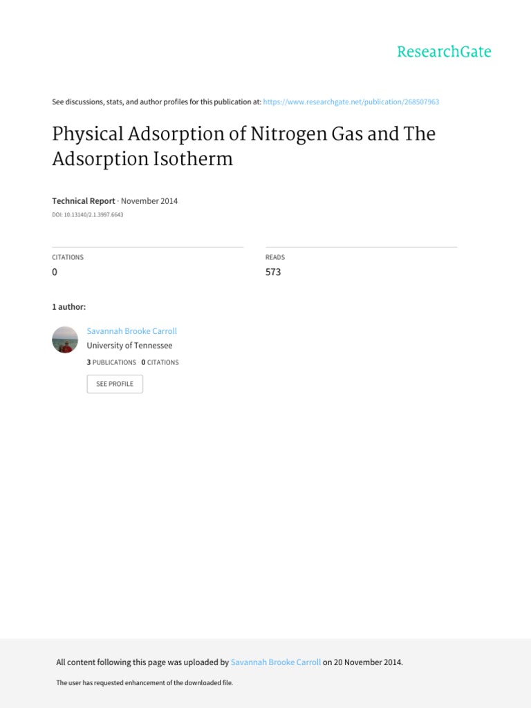 Physical Adsorption of Nitrogen Gas and The Adsorption Isotherm | PDF ...