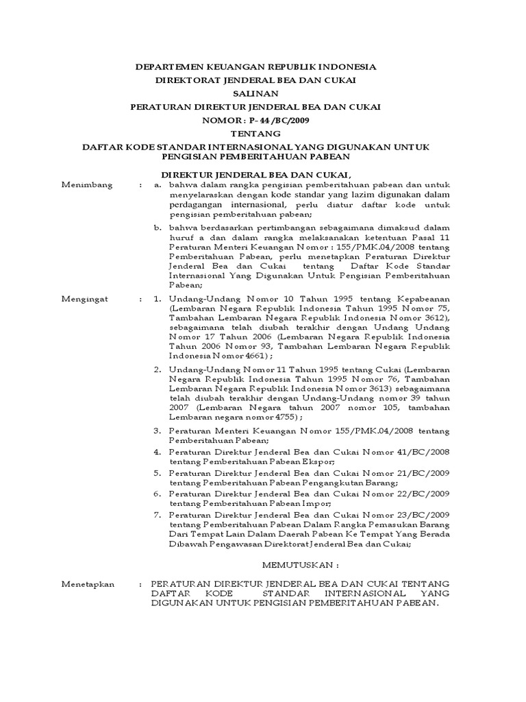 Pbc 442009 Daftar Kode Standar Internasional Untuk