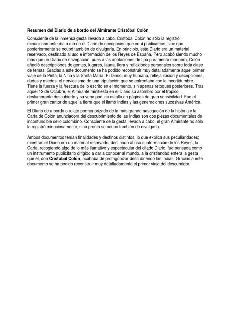Resumen Del Diario De A Bordo Del Almirante Cristobal Colon Cristobal Colon Transporte