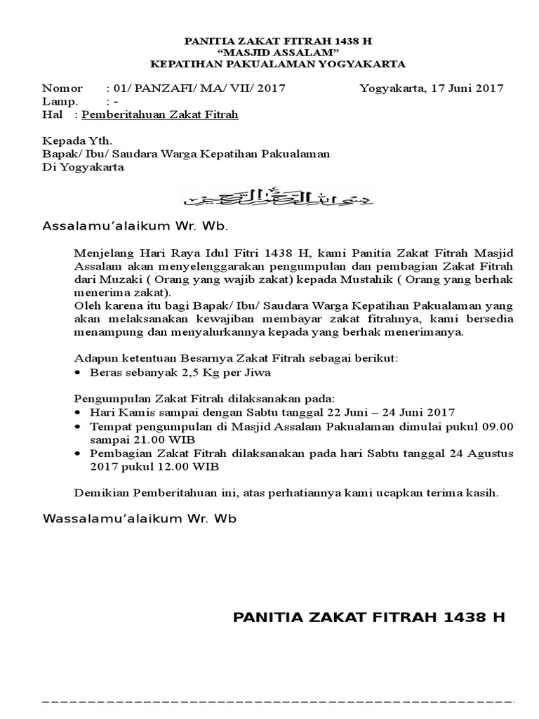Contoh Surat Zakat Fitrah Masjid