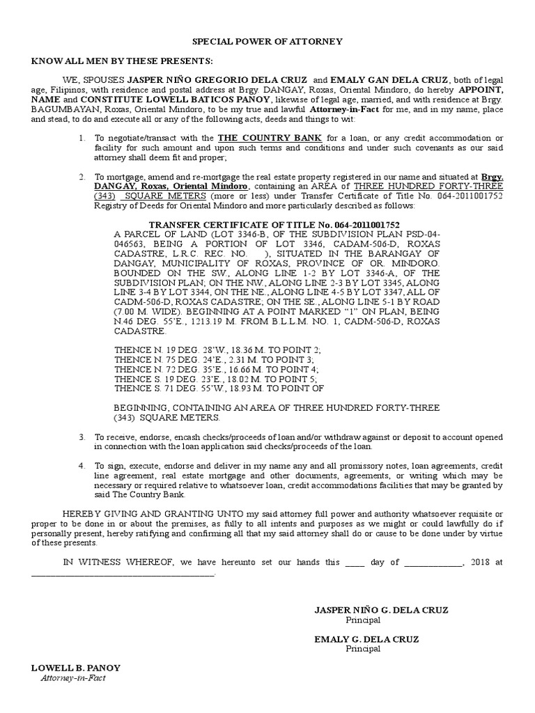 Granting Special Power of Attorney to Manage Real Estate and Loan