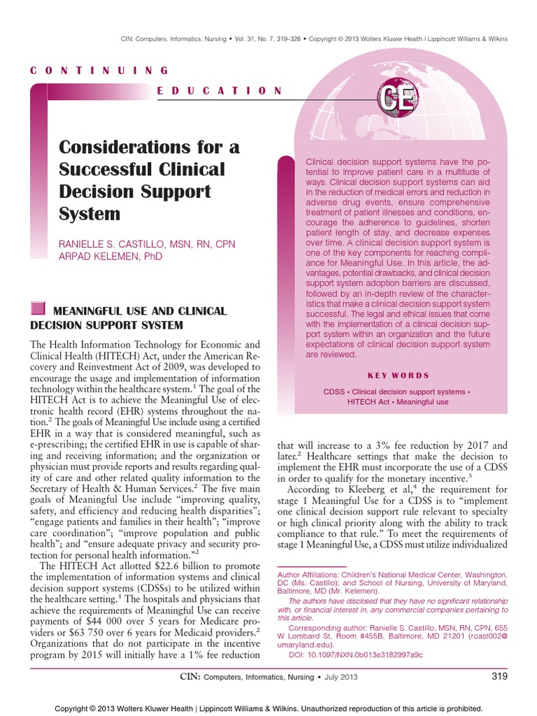 Considerations For A Successful Clinical Decision Support System | PDF ...
