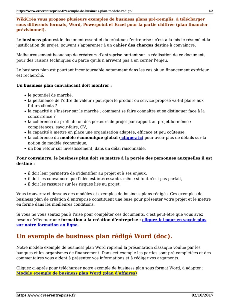 Exemple de Business Plan Modele Redige  Plan d'affaires  Modèle d
