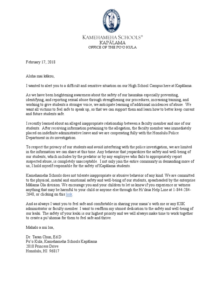 Kamehameha Schools Teacher Terminated Letter PDF