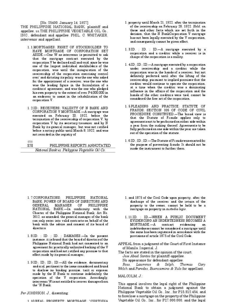 National Bank vs. Philippine Vegetable Oil Co. PDF Receivership