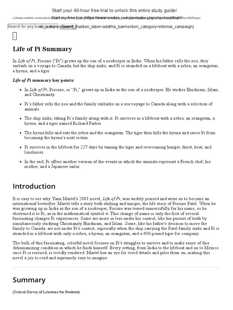 Life of Pi Summary Fiction & Literature