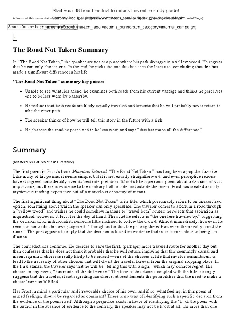 The Road Not Taken Summary - Enotes.com | Poetry