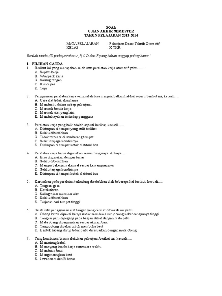 Contoh Soal Pekerjaan Dasar Otomotif Beserta Jawabannya