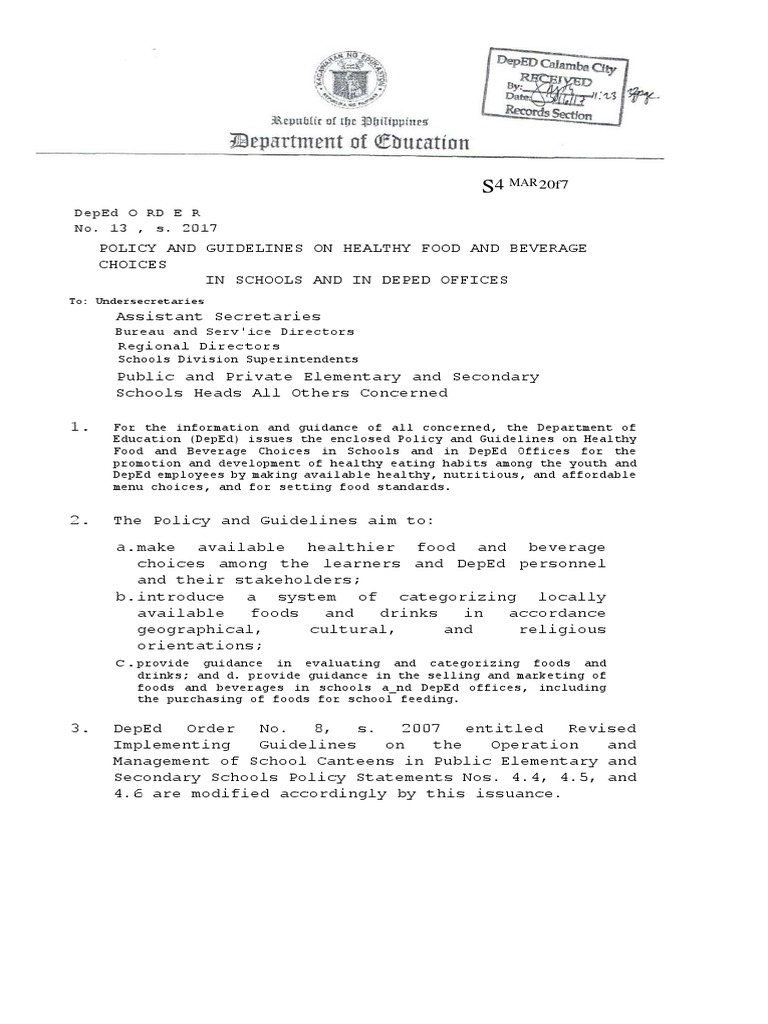 Deped order no 13 s 2017 policy and guidelines on healthy food and