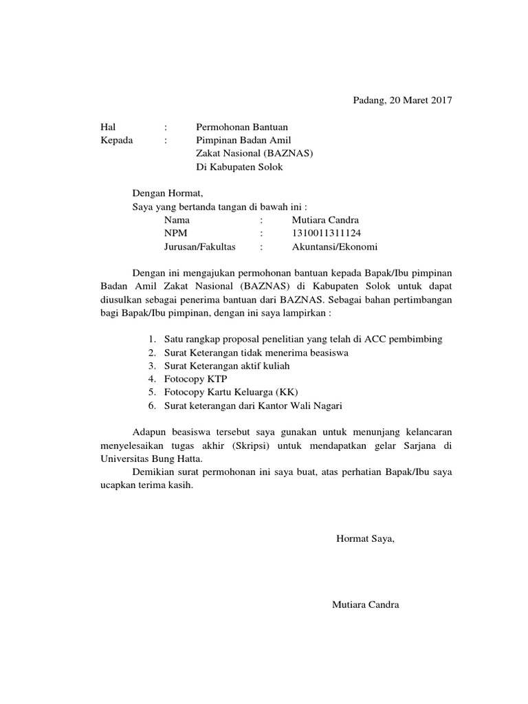 Contoh Surat Permohonan Surat Permohonan Bantuan Zakat