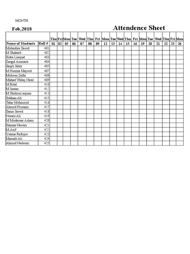 Attendence Sheet: Name of Students Roll # | PDF