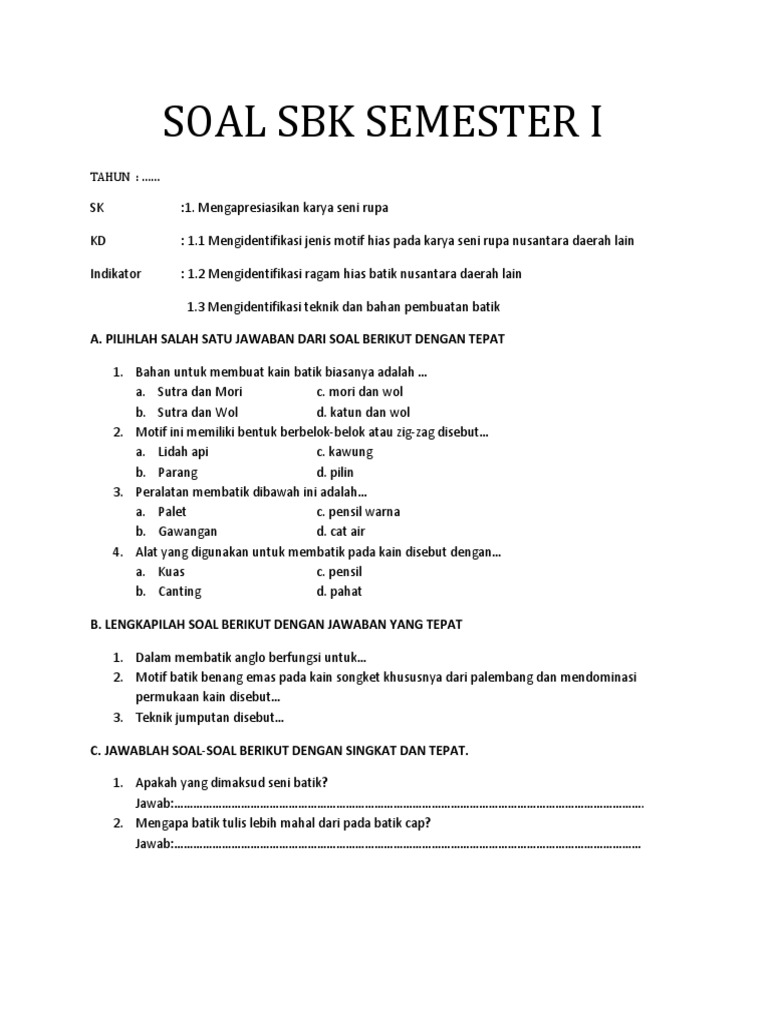 Soal Sbk Semester I