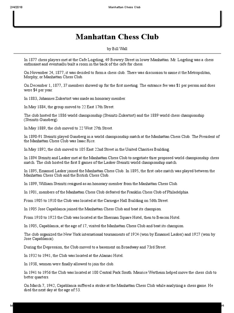 Manhattan Chess Club | PDF | World Chess Championships | Chess Writers