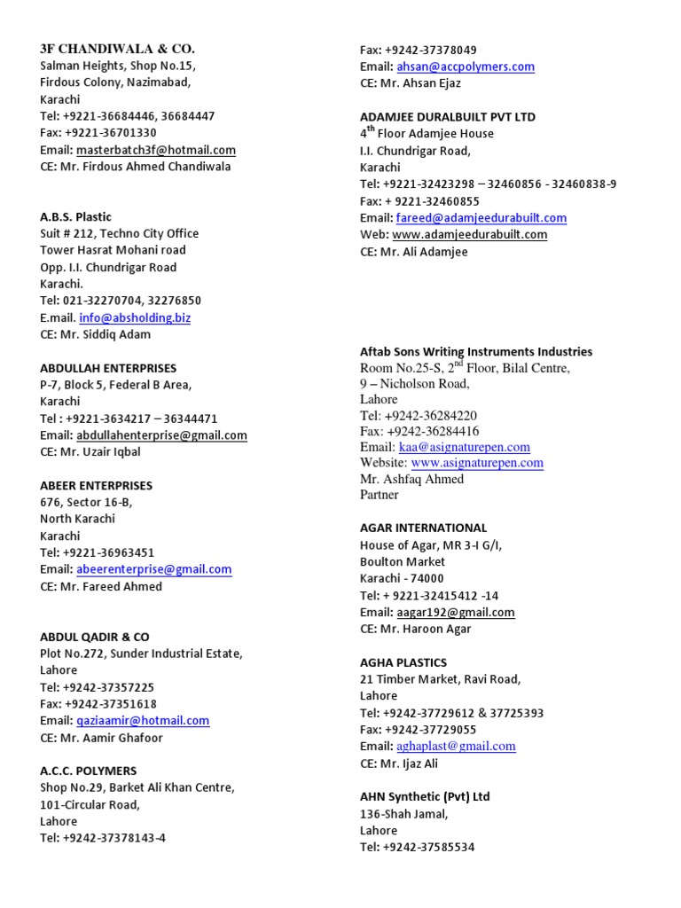 Karachi Business Contacts Directory | PDF
