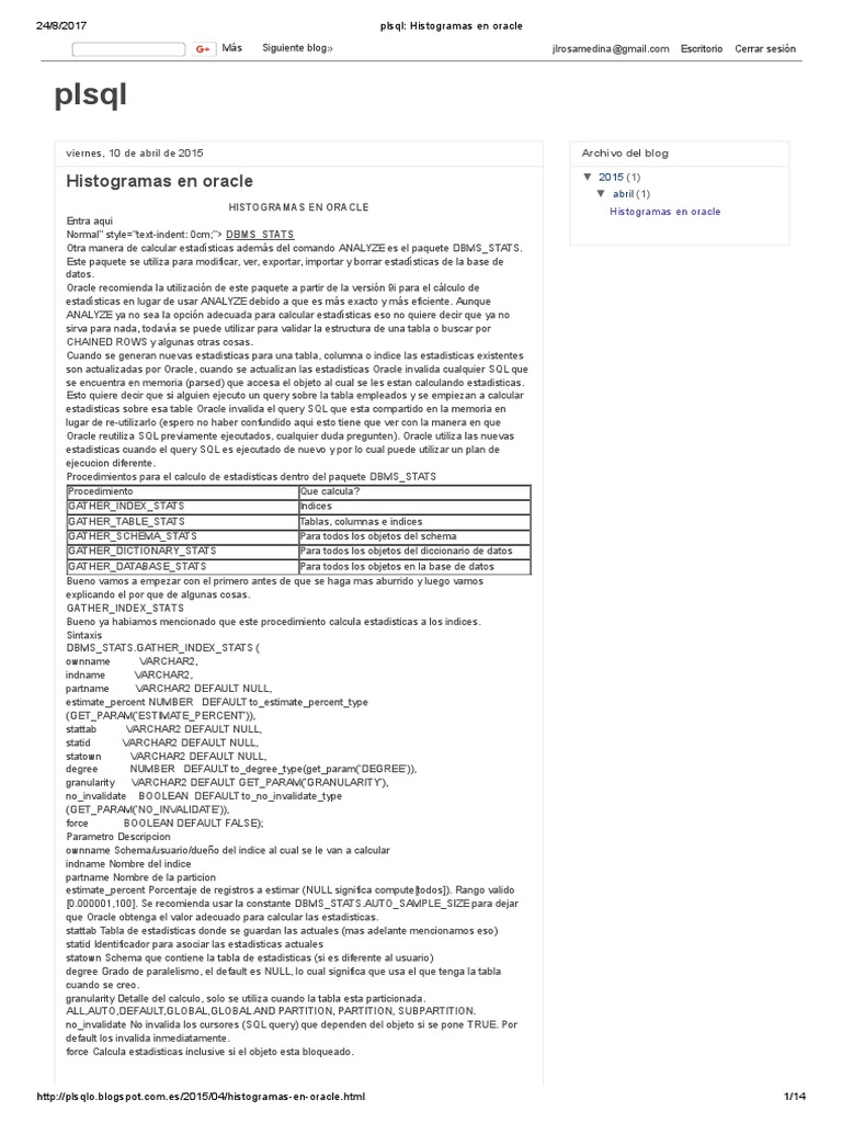 Estadísticas en Oracle con DBMS_STATS | PDF | Tabla (base de datos ...