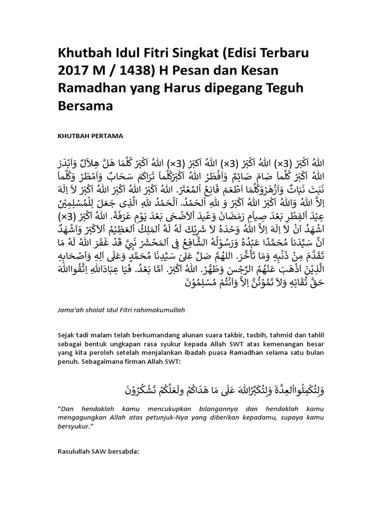Khutbah Idul Fitri Singkat Edisi Terbaru