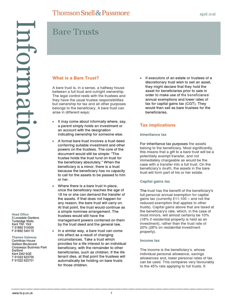 Bare Trust Information Sheet Beneficiary (Trust) Trust Law
