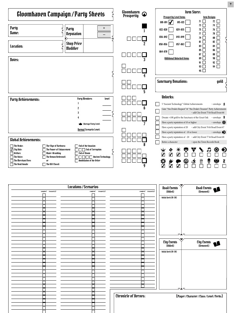 Gloomhaven Campaign Party Sheet NOT Fillable Electronic Games 