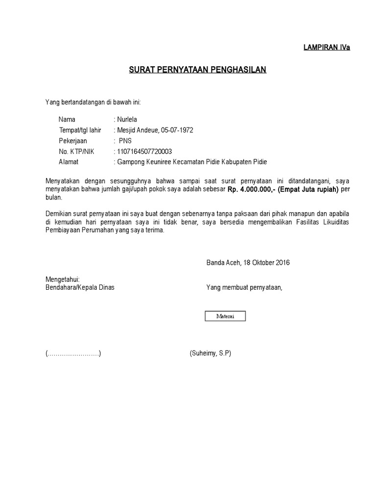 Contoh Surat Keterangan Penghasilan Untuk Kpr Berbagi