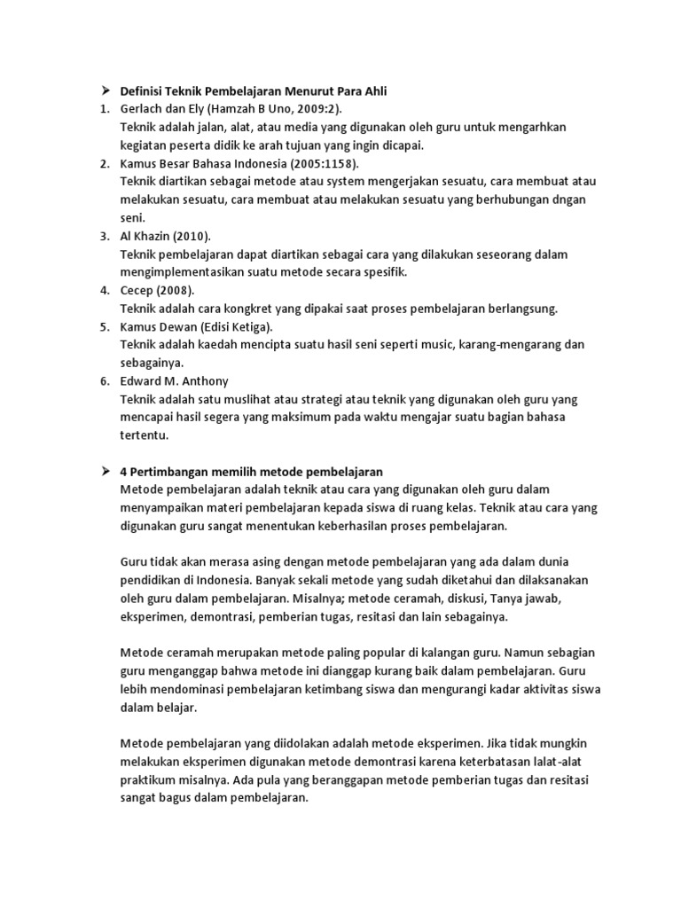 Definisi Teknik Pembelajaran Menurut Para Ahli