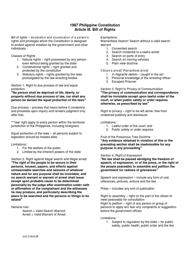 1987 Philippine Constitution: Bill of Rights | PDF | Search And Seizure ...