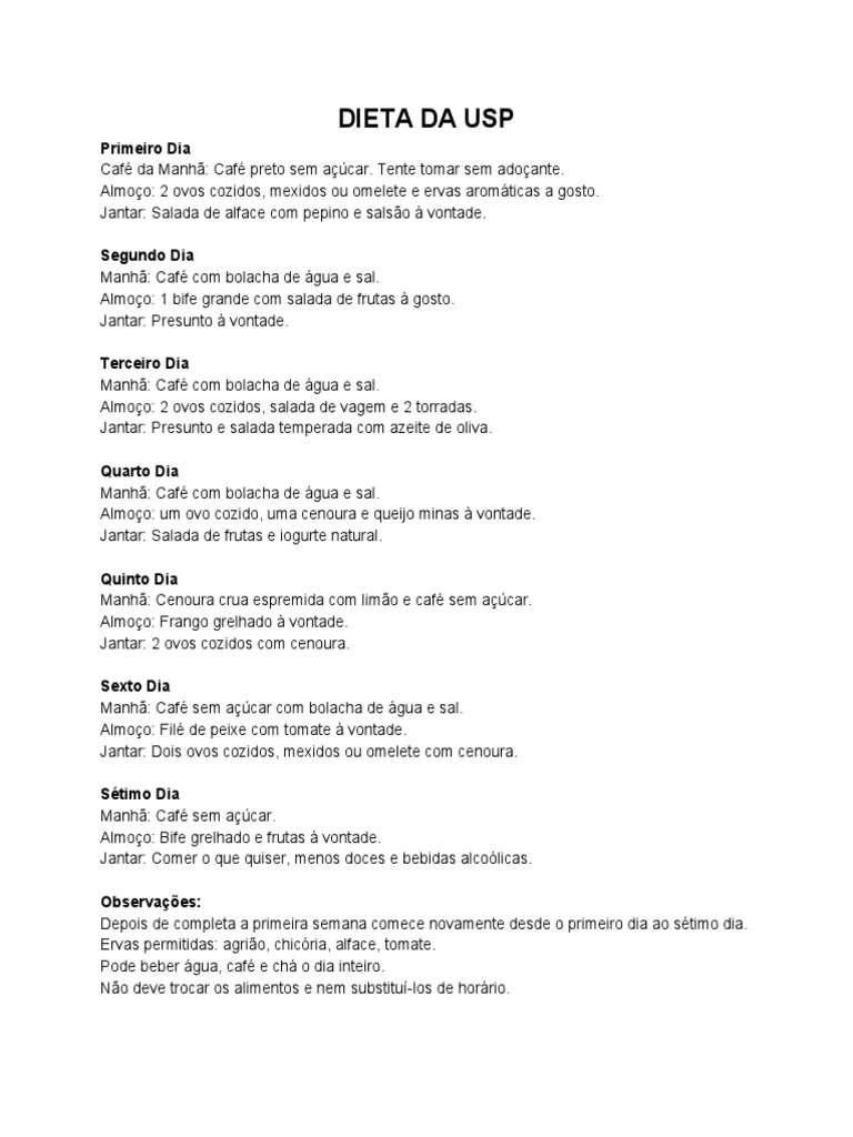 Cardápio da Dieta da USP | PDF | Gastronomia, comida e vinho | Bem-estar