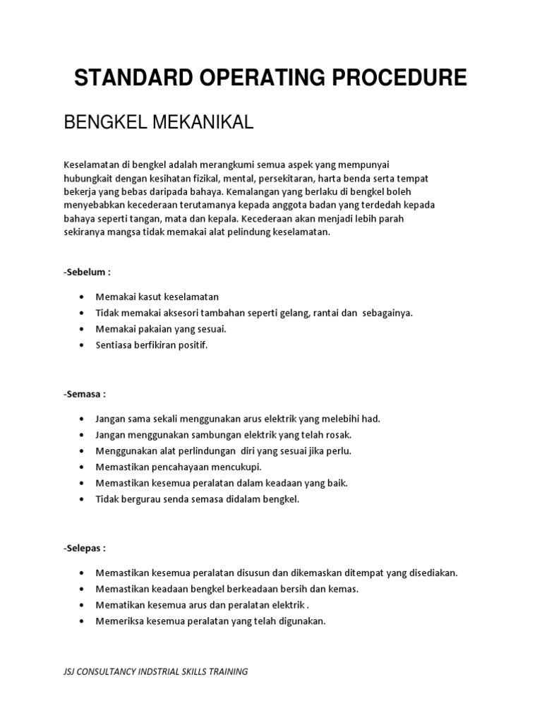 Sop Bengkel Mekanikal Pdf