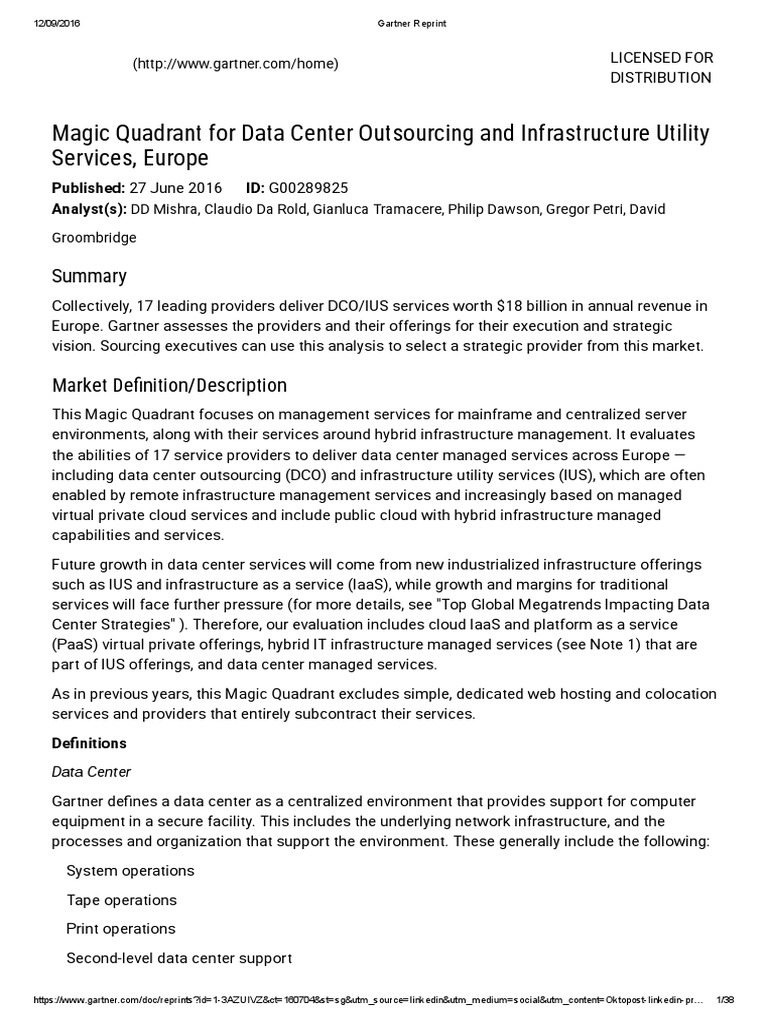 Gartner MQ Data Centre Outsourcing & Infrastructure Utility Services