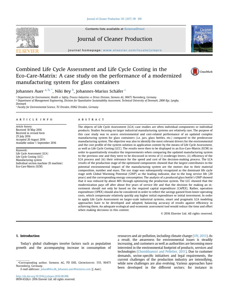 Combined Life Cycle Assessment and Life Cycle Costing in The | PDF ...