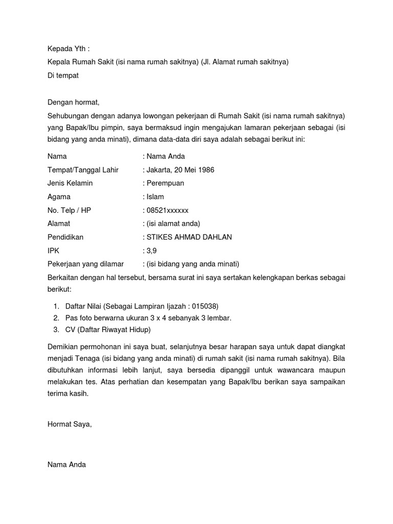 Contoh Surat Lamaran Rumah Sakit Pdf