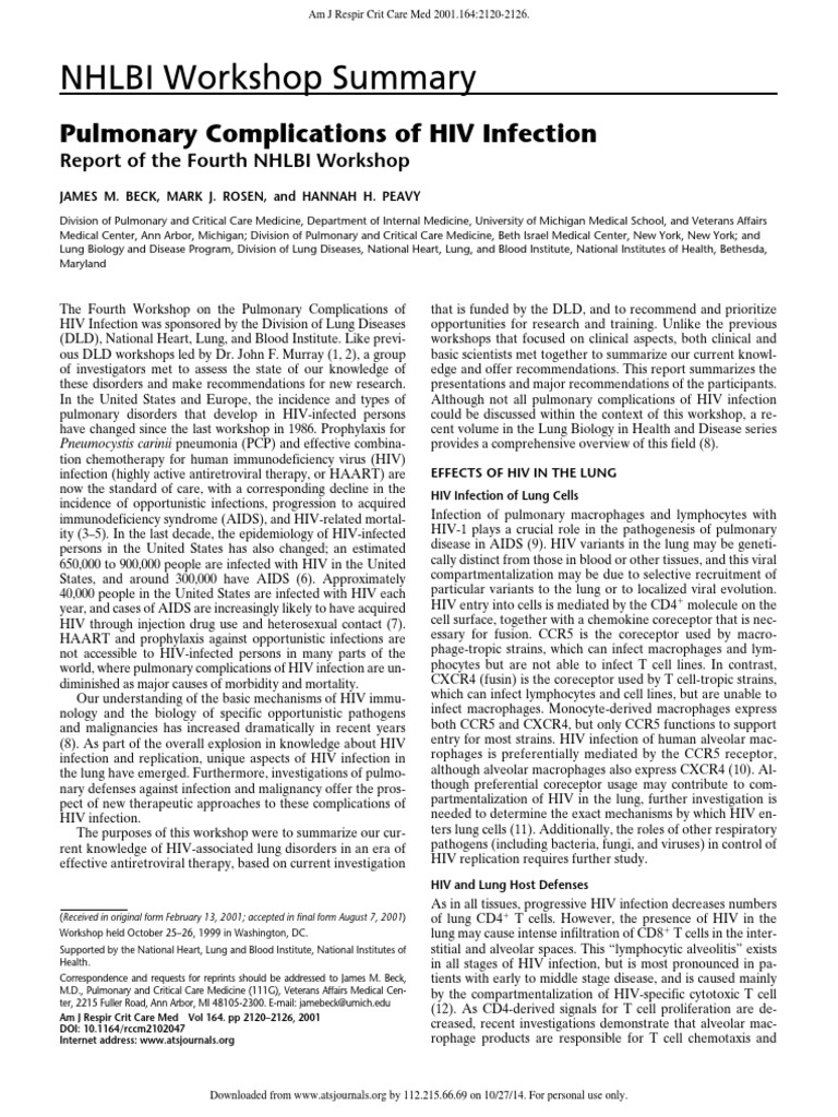 NHLBI Workshop Summary: Pulmonary Complications of HIV Infection | PDF ...