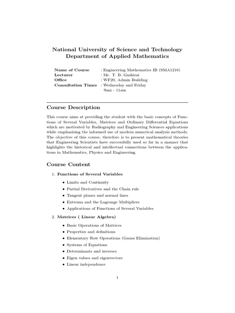 Engineering Mathematics IB Course | PDF | Ordinary Differential ...