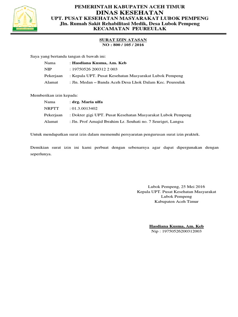 Contoh Surat Izin Atasan Puskesmas Docx