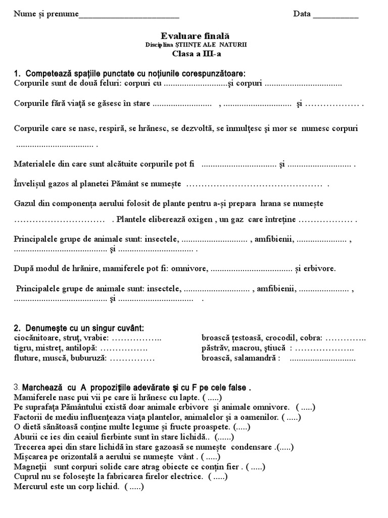 Evaluare Finala Stiinte Ale Naturii