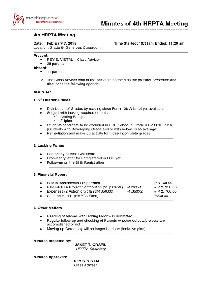 30th HRPTA Meeting - Minutes SY 20130-30  PDF  Behavior