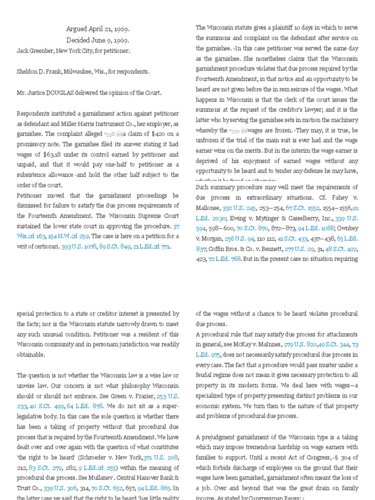 Sniadach Case PDF Supreme Court Of The United States Garnishment