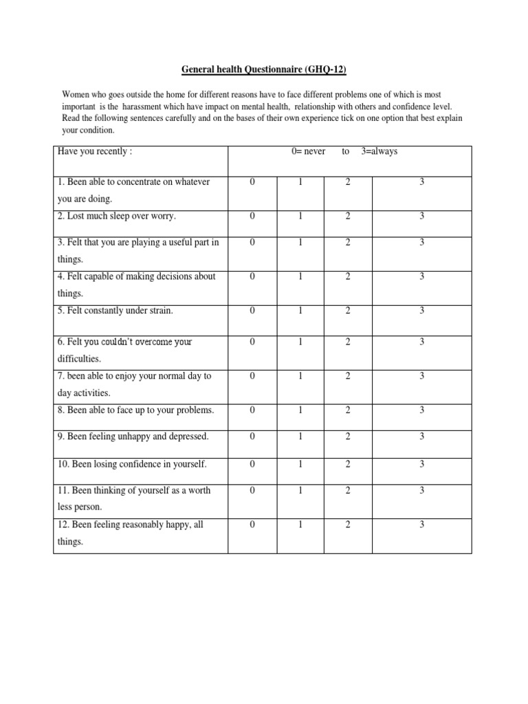 GHQ-12 Mental Health Assessment | PDF | Career & Growth | Self-Improvement