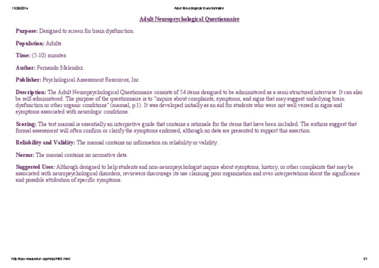 Adult Neurological Questionnaire | PDF | Psychological Evaluation ...