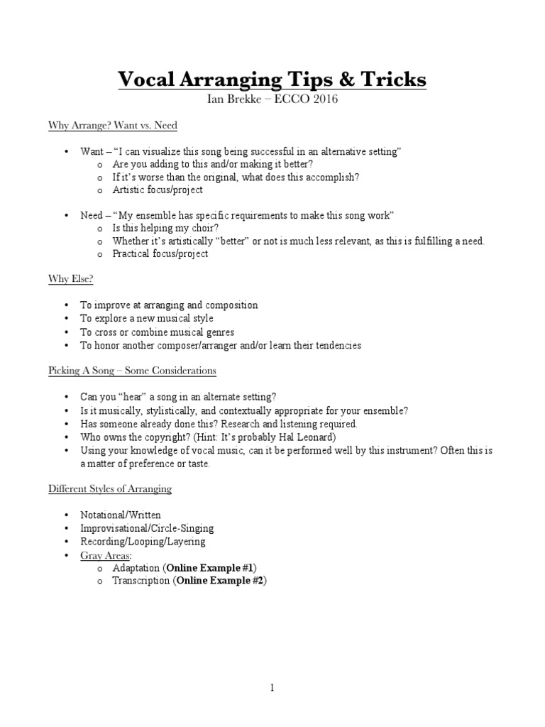 Vocal Arranging Tips Handout | PDF | Musical Compositions | Music Theory