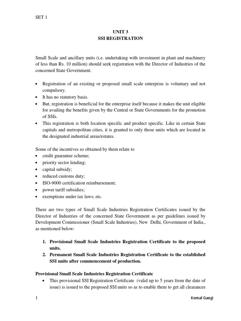 Registration Requirements and Benefits for Small Scale Industries in India PDF Taxes Business
