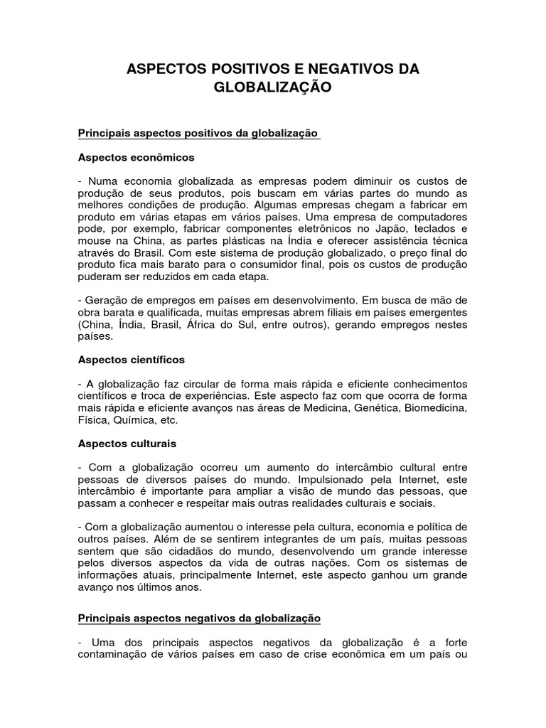Aspectos Positivos e Negativos Da Globalização | PDF | Globalização | China