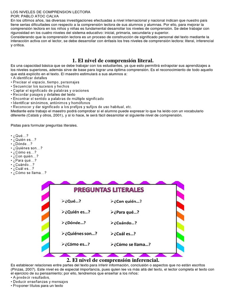 Los Niveles de Comprension Lectora Comprensión lectora