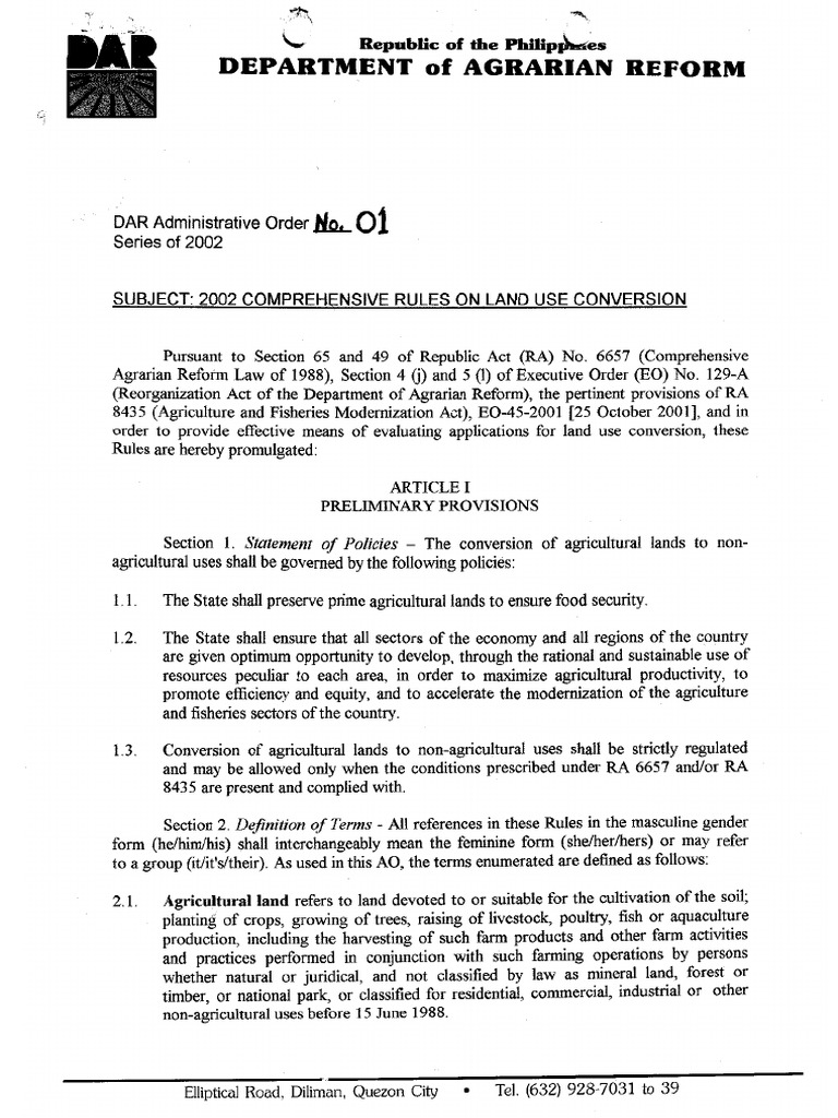 2002 DAR AO 1 2002 Comprehensive Rules On Land Use Conversion PDF | PDF